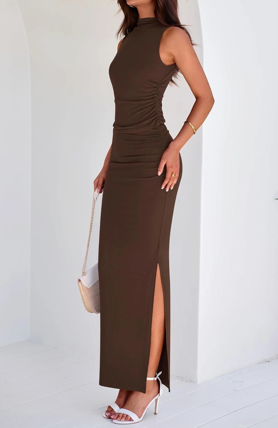BTFBM Summer Two Piece Skirt Set for Women 2025 Dressy Lightweight Sleeveless Knit Top Going Out Split Maxi Skirt Set
