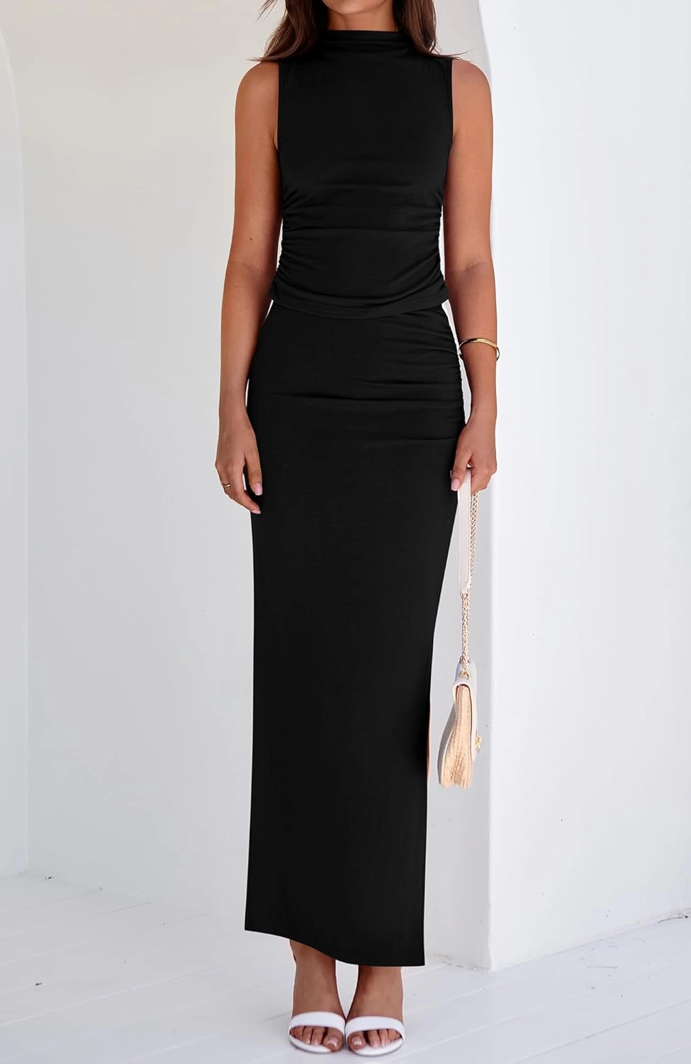 BTFBM Summer Two Piece Skirt Set for Women 2025 Dressy Lightweight Sleeveless Knit Top Going Out Split Maxi Skirt Set