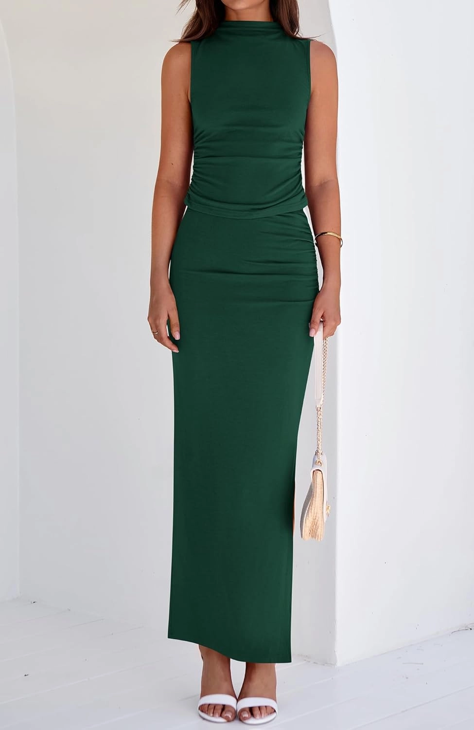 BTFBM Summer Two Piece Skirt Set for Women 2025 Dressy Lightweight Sleeveless Knit Top Going Out Split Maxi Skirt Set