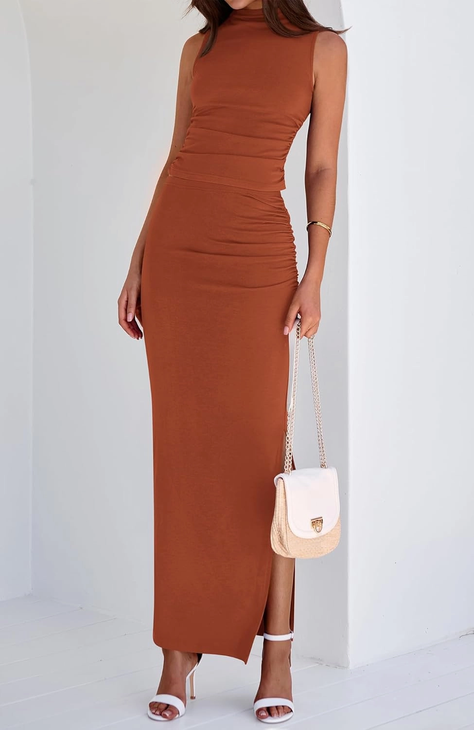 BTFBM Summer Two Piece Skirt Set for Women 2025 Dressy Lightweight Sleeveless Knit Top Going Out Split Maxi Skirt Set