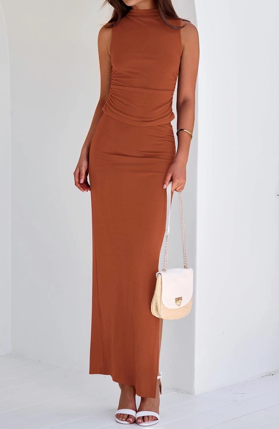 BTFBM Summer Two Piece Skirt Set for Women 2025 Dressy Lightweight Sleeveless Knit Top Going Out Split Maxi Skirt Set