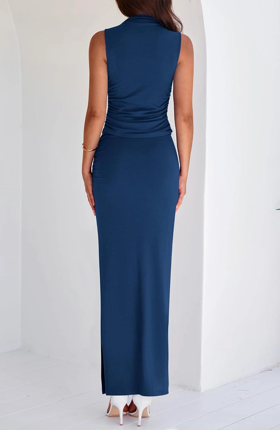 BTFBM Summer Two Piece Skirt Set for Women 2025 Dressy Lightweight Sleeveless Knit Top Going Out Split Maxi Skirt Set