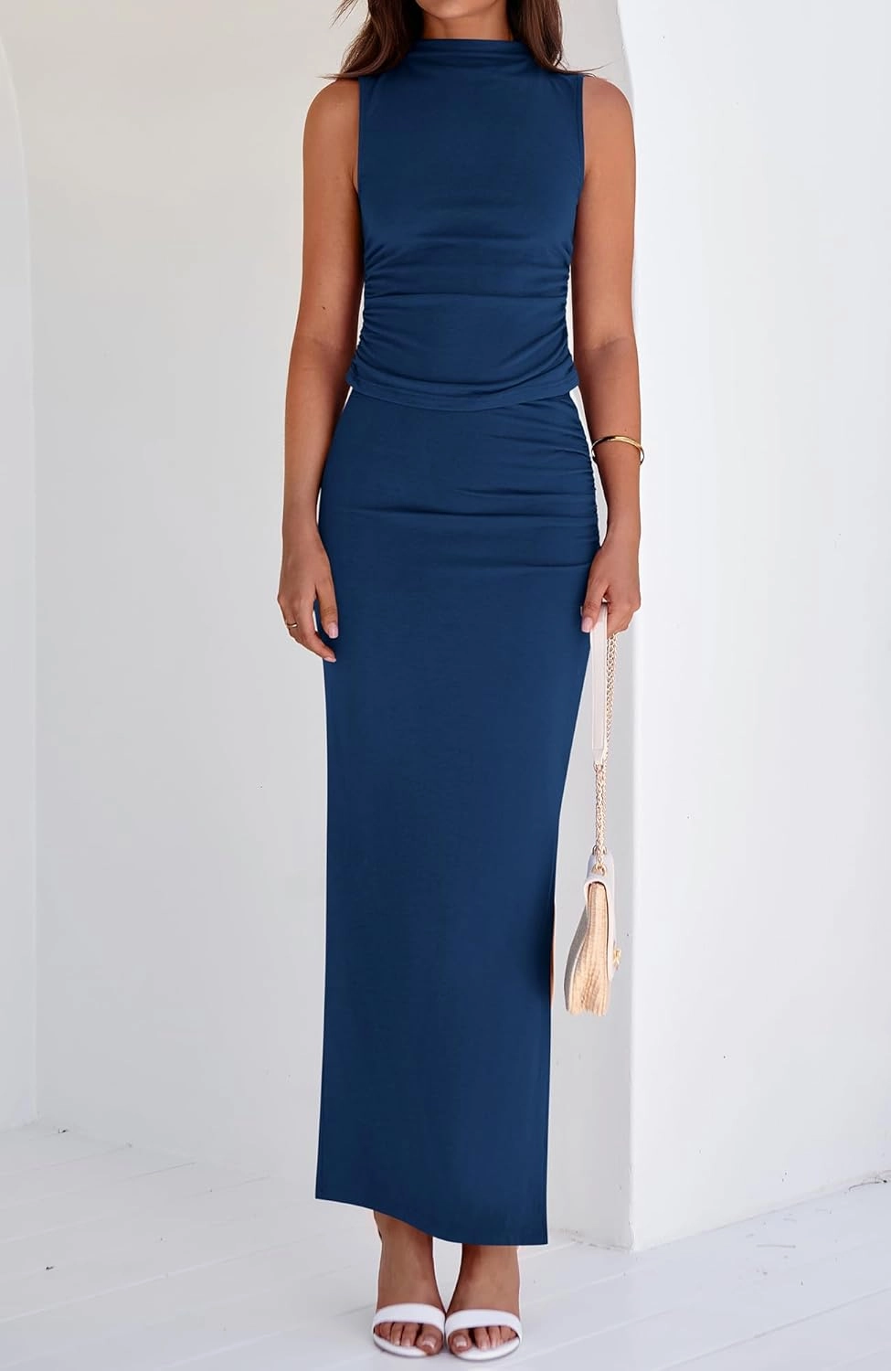 BTFBM Summer Two Piece Skirt Set for Women 2025 Dressy Lightweight Sleeveless Knit Top Going Out Split Maxi Skirt Set