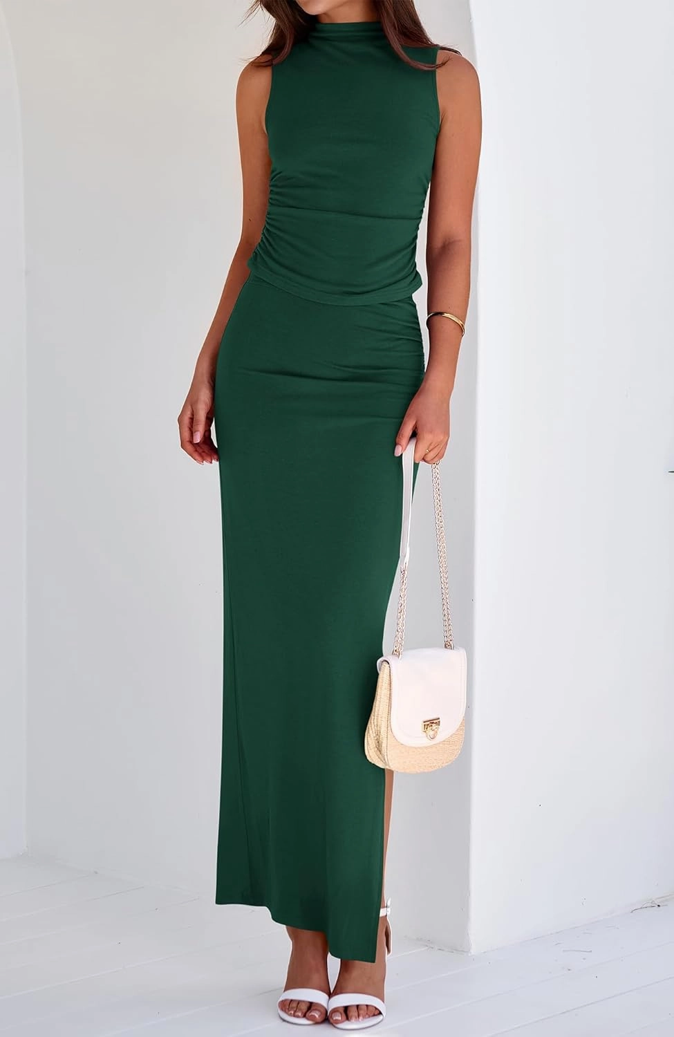 BTFBM Summer Two Piece Skirt Set for Women 2025 Dressy Lightweight Sleeveless Knit Top Going Out Split Maxi Skirt Set