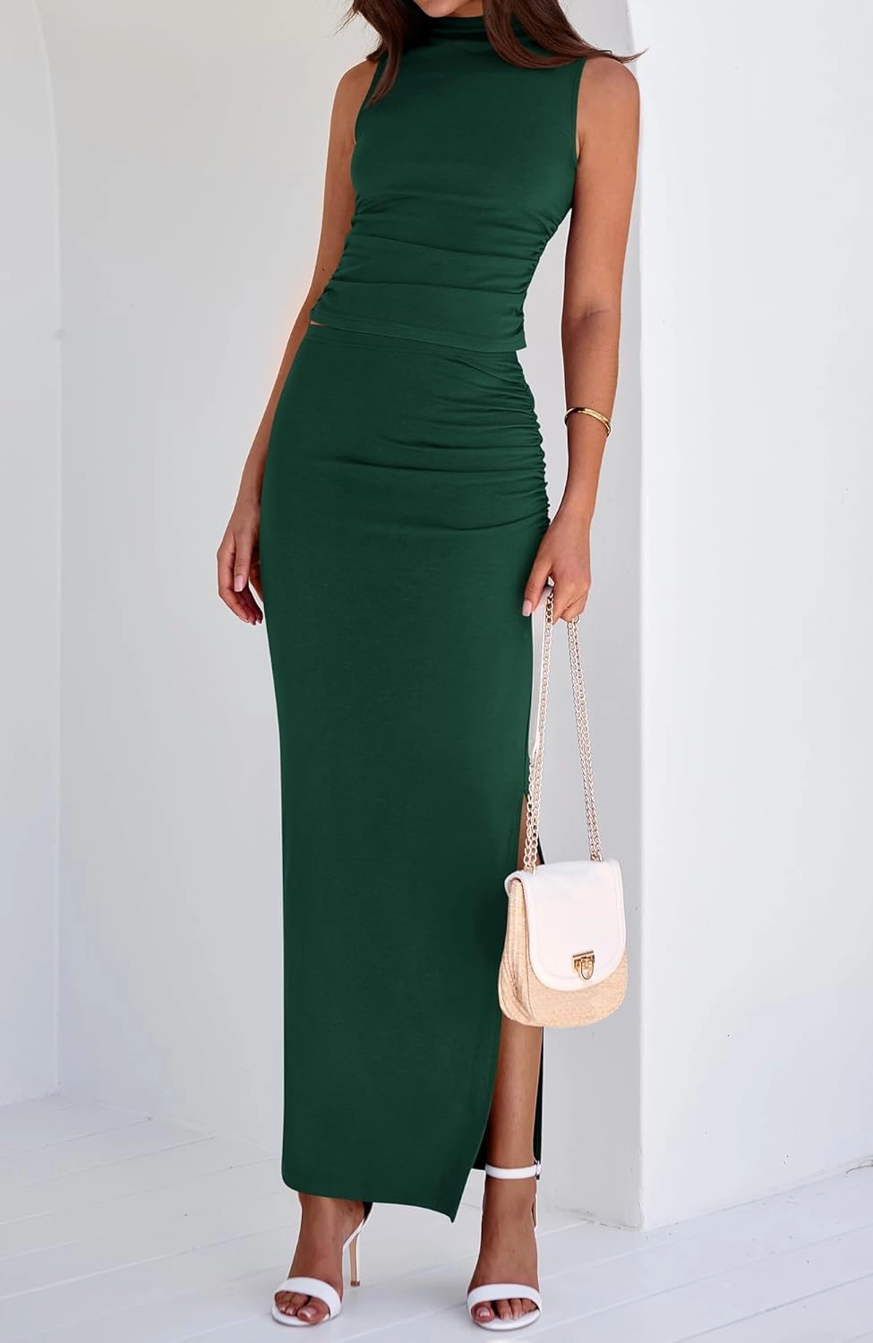 BTFBM Summer Two Piece Skirt Set for Women 2025 Dressy Lightweight Sleeveless Knit Top Going Out Split Maxi Skirt Set