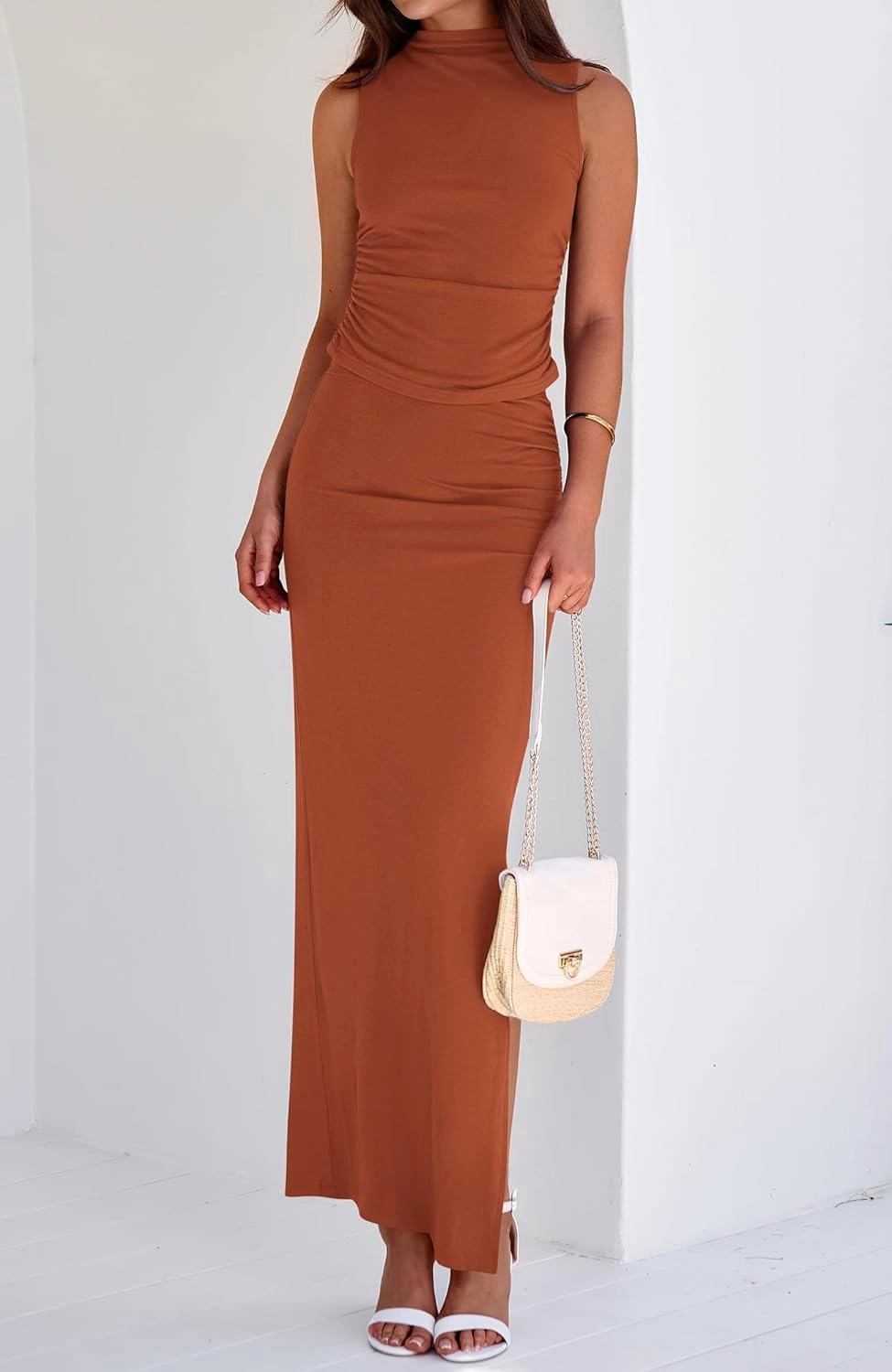 BTFBM Summer Two Piece Skirt Set for Women 2025 Dressy Lightweight Sleeveless Knit Top Going Out Split Maxi Skirt Set