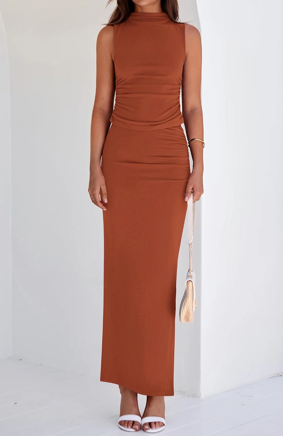 BTFBM Summer Two Piece Skirt Set for Women 2025 Dressy Lightweight Sleeveless Knit Top Going Out Split Maxi Skirt Set