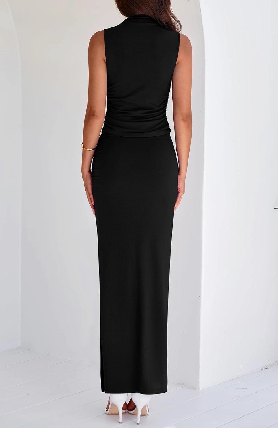 BTFBM Summer Two Piece Skirt Set for Women 2025 Dressy Lightweight Sleeveless Knit Top Going Out Split Maxi Skirt Set