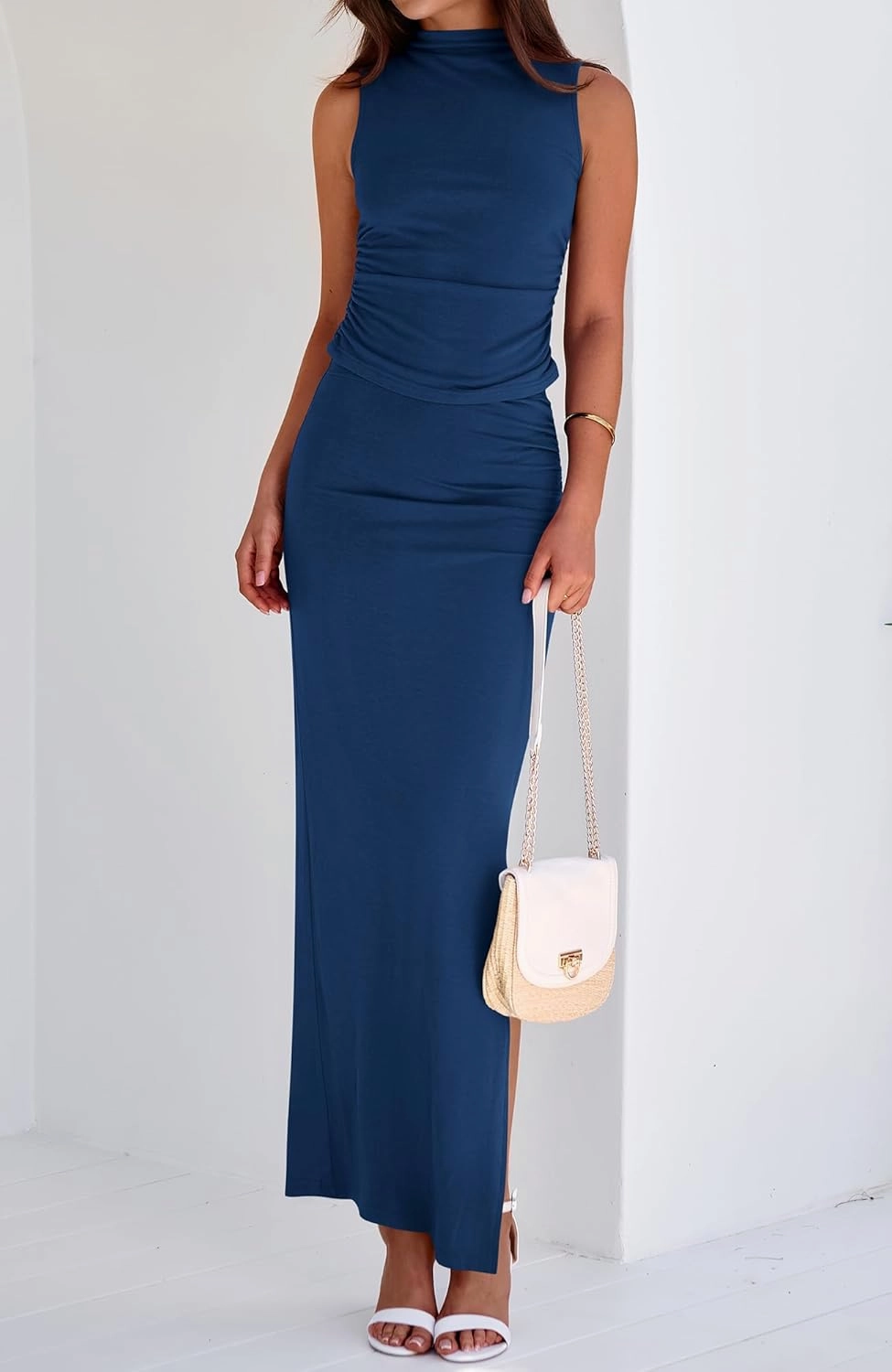 BTFBM Summer Two Piece Skirt Set for Women 2025 Dressy Lightweight Sleeveless Knit Top Going Out Split Maxi Skirt Set