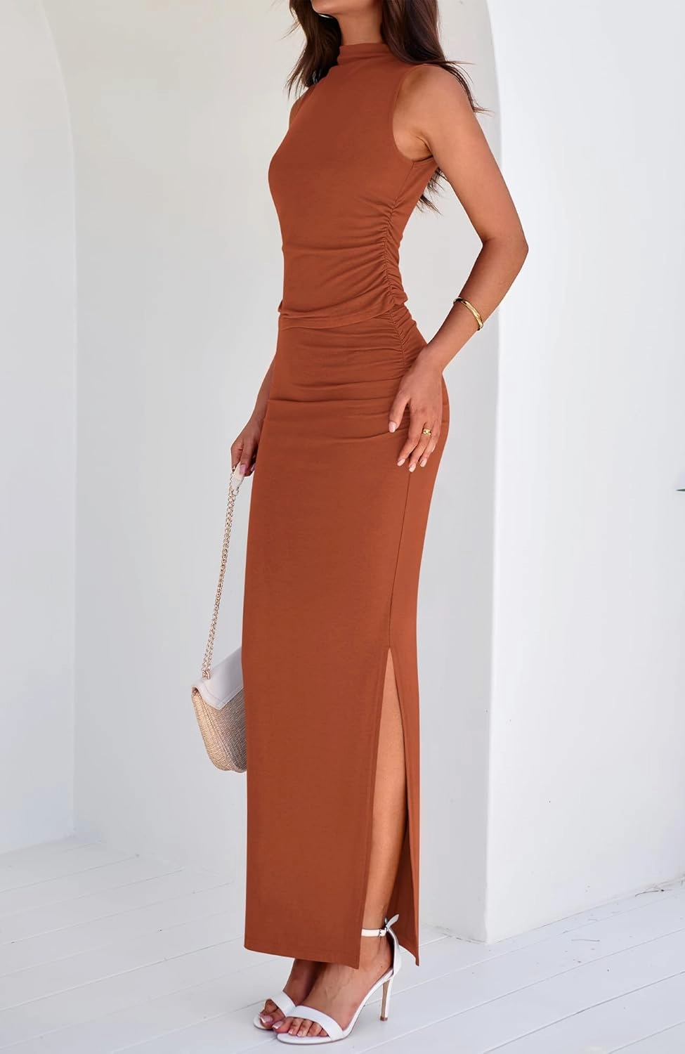 BTFBM Summer Two Piece Skirt Set for Women 2025 Dressy Lightweight Sleeveless Knit Top Going Out Split Maxi Skirt Set