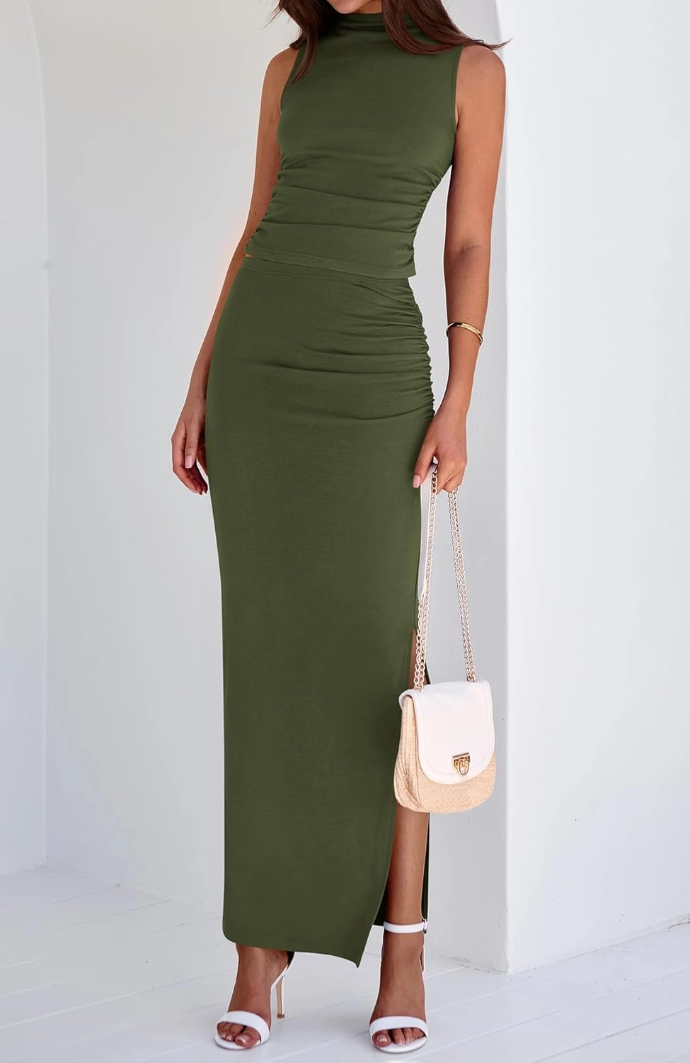 BTFBM Summer Two Piece Skirt Set for Women 2025 Dressy Lightweight Sleeveless Knit Top Going Out Split Maxi Skirt Set