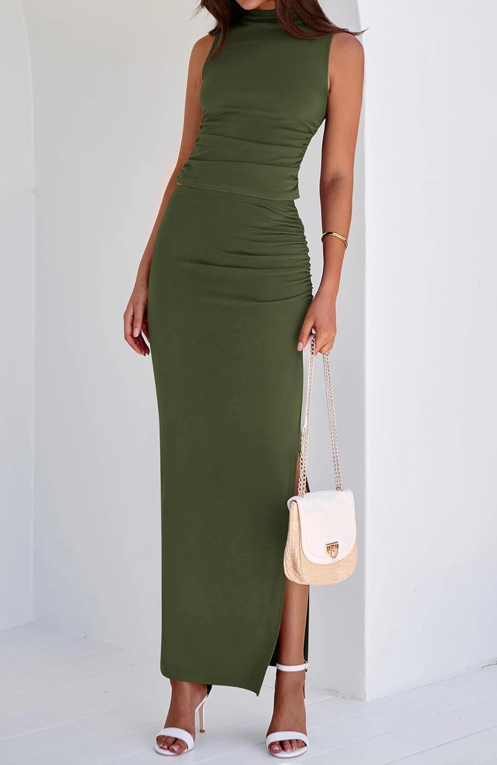 BTFBM Summer Two Piece Skirt Set for Women 2025 Dressy Lightweight Sleeveless Knit Top Going Out Split Maxi Skirt Set