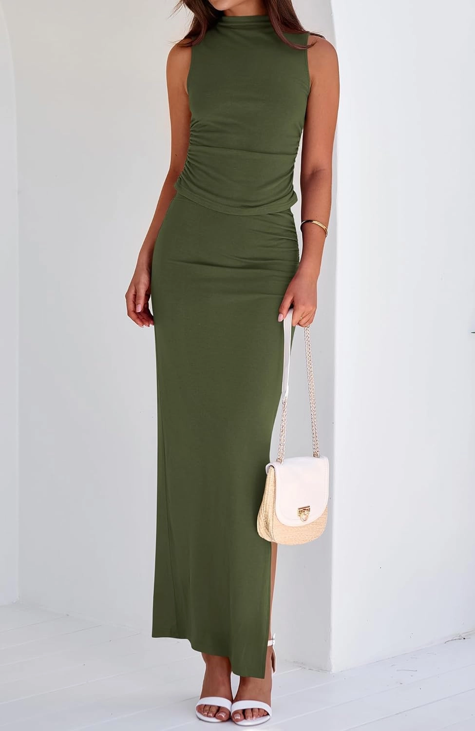 BTFBM Summer Two Piece Skirt Set for Women 2025 Dressy Lightweight Sleeveless Knit Top Going Out Split Maxi Skirt Set