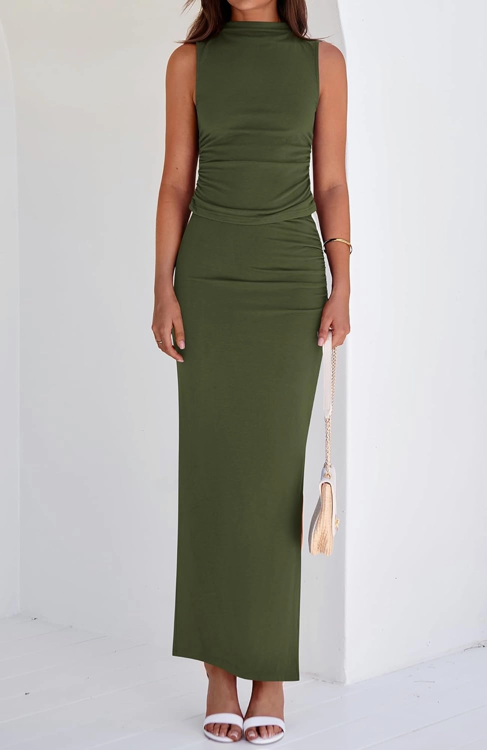 BTFBM Summer Two Piece Skirt Set for Women 2025 Dressy Lightweight Sleeveless Knit Top Going Out Split Maxi Skirt Set