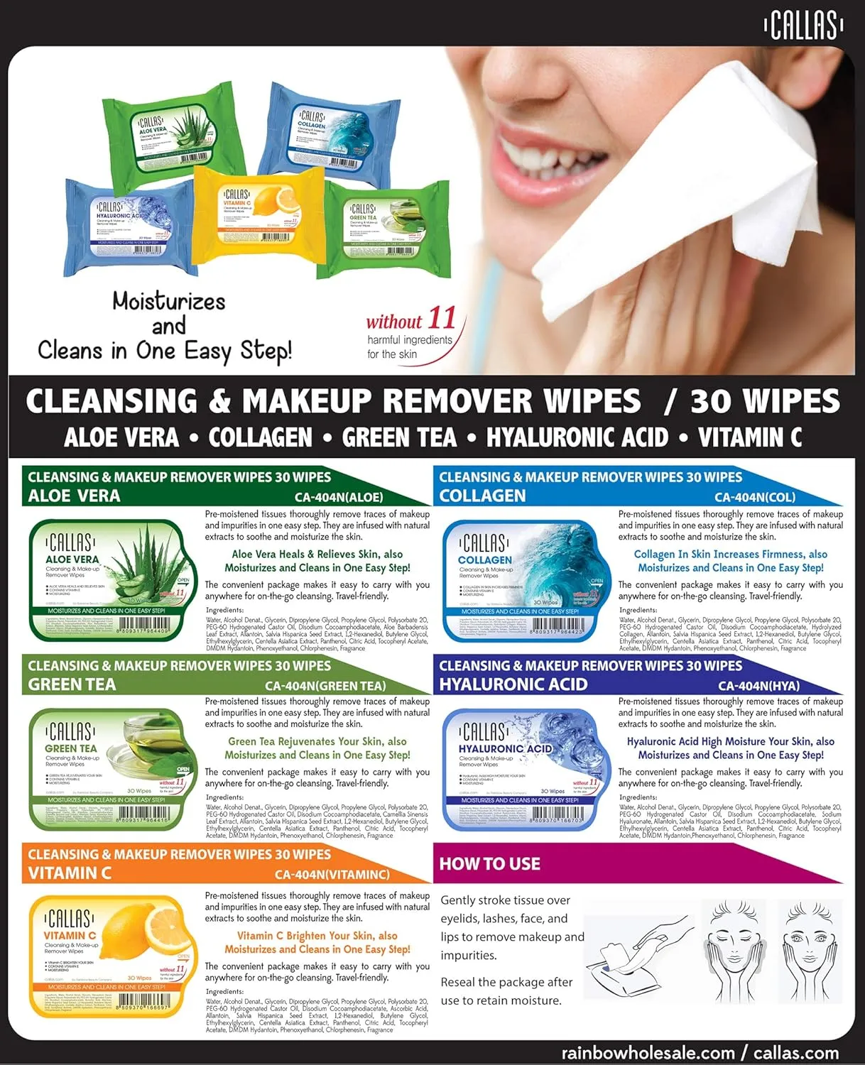Callas Cleansing, Makeup Remover Wipes (30 Count x 12 Pack) (Green Tea)