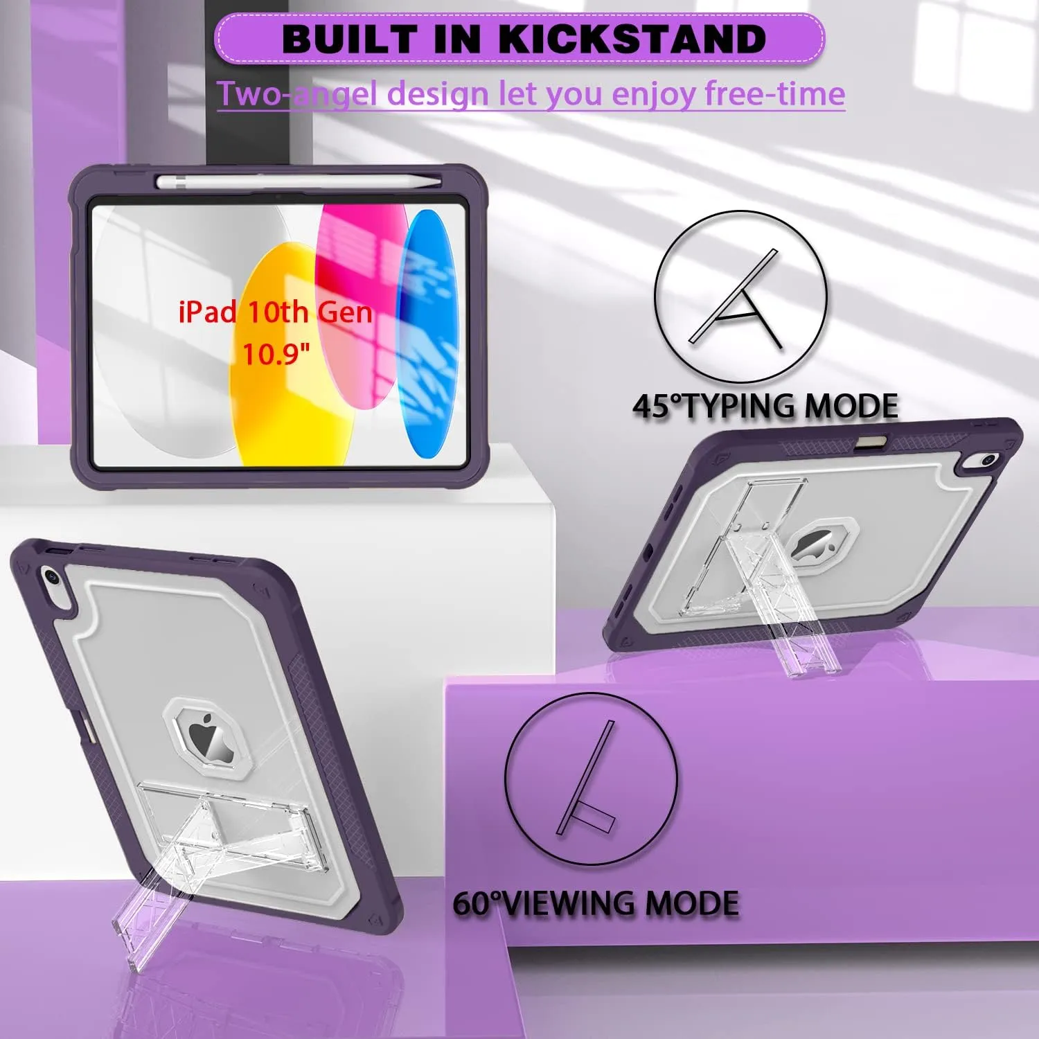 Case for iPad 11-inch (A16) 2025 / iPad 10th Gen 10.9 inch 2022, Heavy Duty Shockproof Rugged Protective with Pencil Holder, 11th / 10th Translucent Cover with Kickstand Kids, Dark Purple