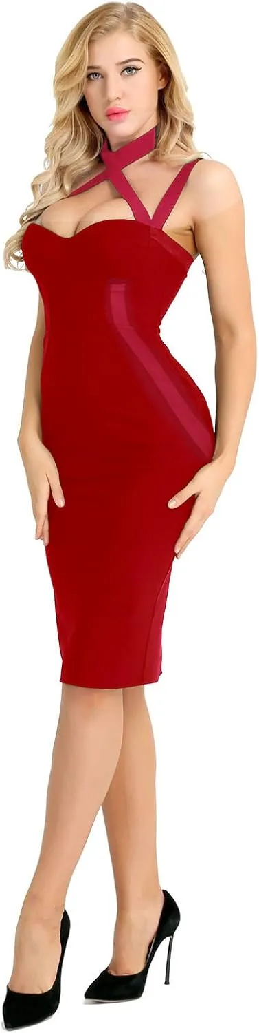 CHICTRY Women's Celebrity Rayon Cross Criss Cocktail Bandage Party Pencil Dress