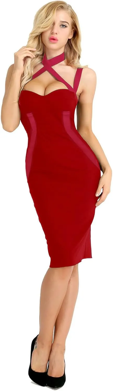 CHICTRY Women's Celebrity Rayon Cross Criss Cocktail Bandage Party Pencil Dress