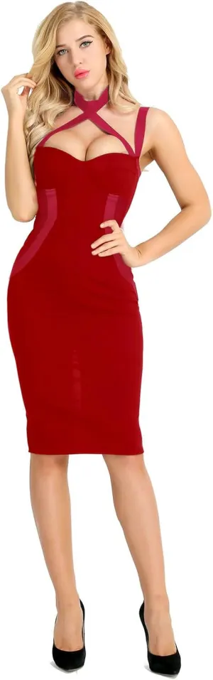 CHICTRY Women's Celebrity Rayon Cross Criss Cocktail Bandage Party Pencil Dress