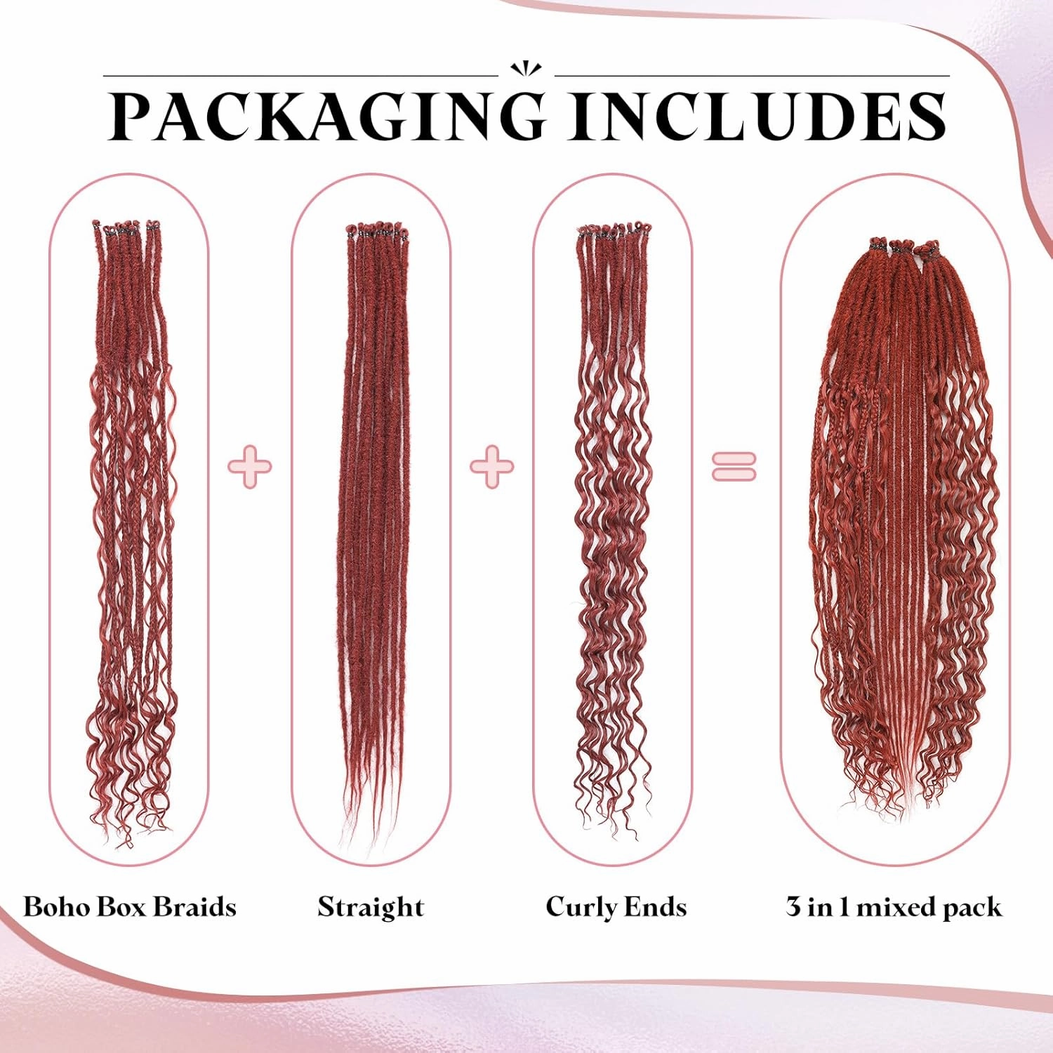 Copper Dreadlock Extensions,30 Strands 24 Inch Single Ended 3 Styles(Straight&Curly&Boho Mixed) In 1 Set Dreadlocks Extension, Soft Synthetic SE Dreads Braid Locs for Women(3 in 1 set,350#)