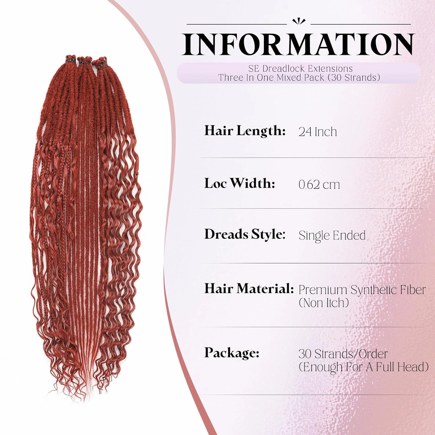 Copper Dreadlock Extensions,30 Strands 24 Inch Single Ended 3 Styles(Straight&Curly&Boho Mixed) In 1 Set Dreadlocks Extension, Soft Synthetic SE Dreads Braid Locs for Women(3 in 1 set,350#)