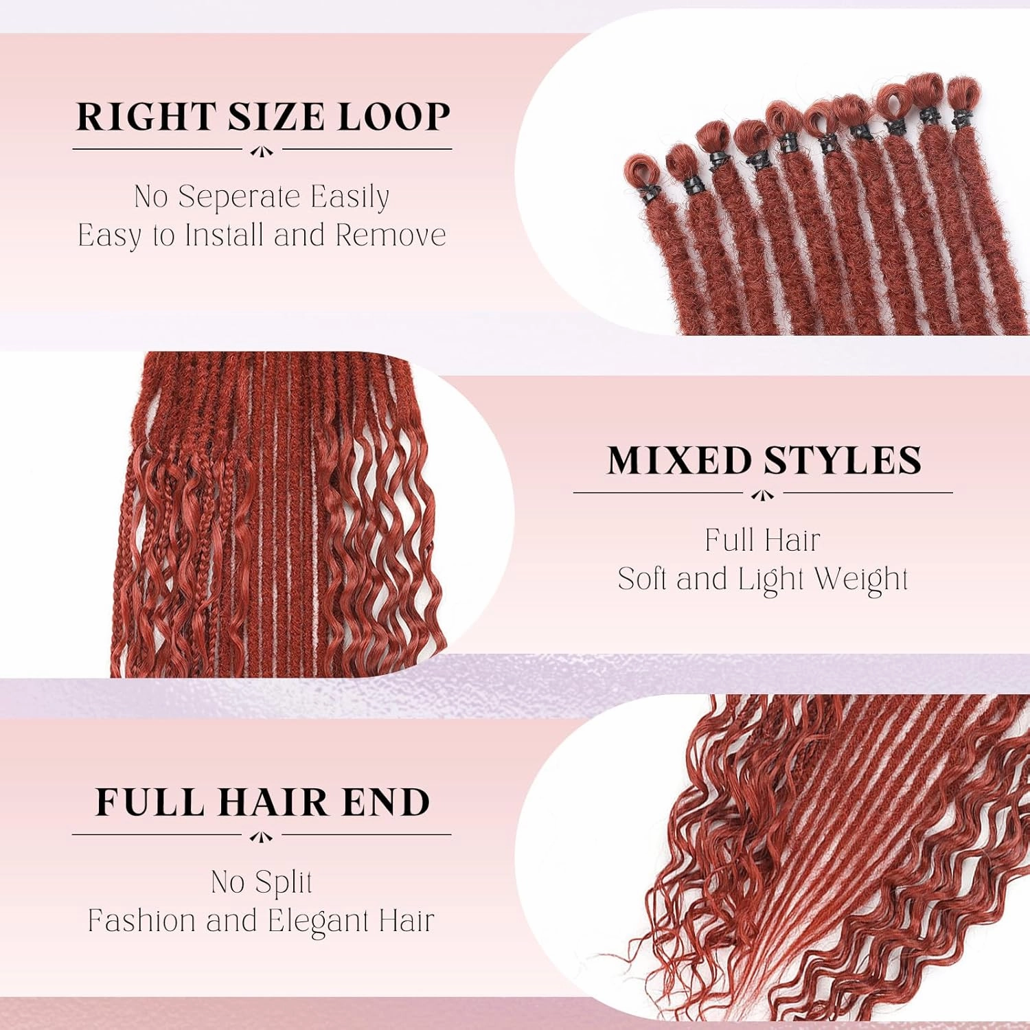 Copper Dreadlock Extensions,30 Strands 24 Inch Single Ended 3 Styles(Straight&Curly&Boho Mixed) In 1 Set Dreadlocks Extension, Soft Synthetic SE Dreads Braid Locs for Women(3 in 1 set,350#)