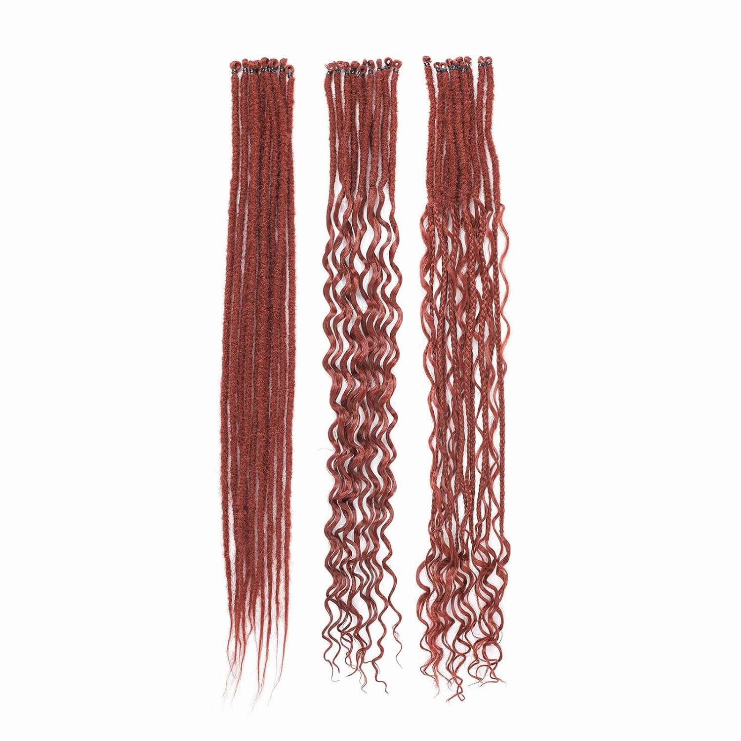 Copper Dreadlock Extensions,30 Strands 24 Inch Single Ended 3 Styles(Straight&Curly&Boho Mixed) In 1 Set Dreadlocks Extension, Soft Synthetic SE Dreads Braid Locs for Women(3 in 1 set,350#)