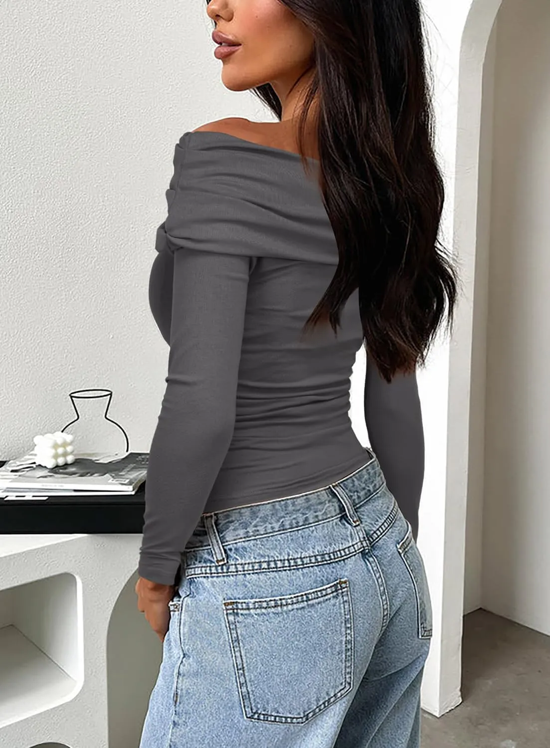 Darong Women's One Off Shoulder Long Sleeve Tops Ruched Going Out Crop Shirts Slim Fit Y2K Tee Blouse