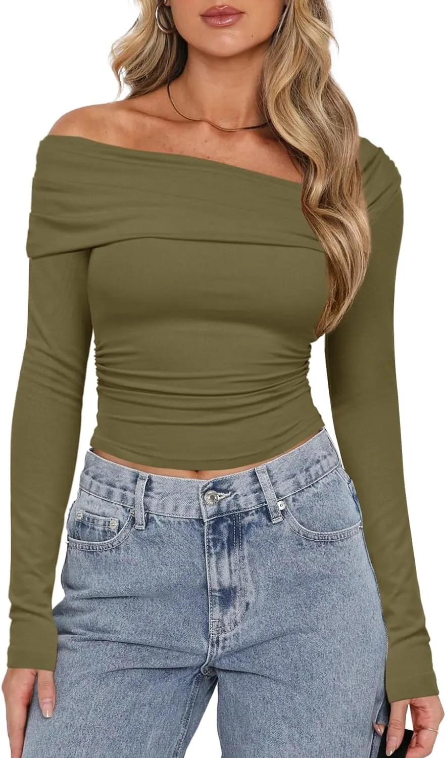 Darong Women's One Off Shoulder Long Sleeve Tops Ruched Going Out Crop Shirts Slim Fit Y2K Tee Blouse