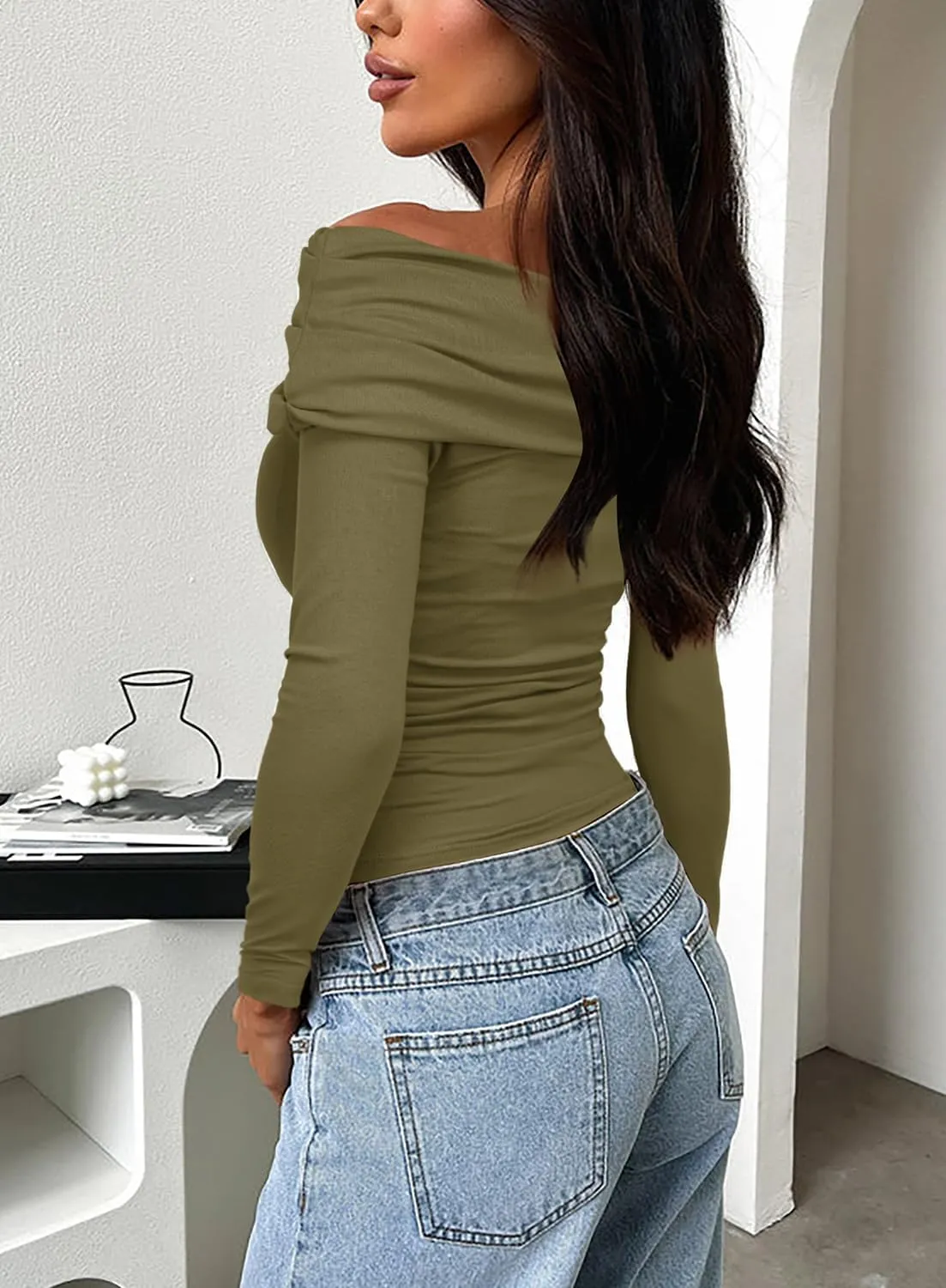 Darong Women's One Off Shoulder Long Sleeve Tops Ruched Going Out Crop Shirts Slim Fit Y2K Tee Blouse