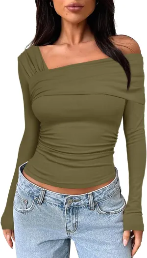 Darong Women's One Off Shoulder Long Sleeve Tops Ruched Going Out Crop Shirts Slim Fit Y2K Tee Blouse