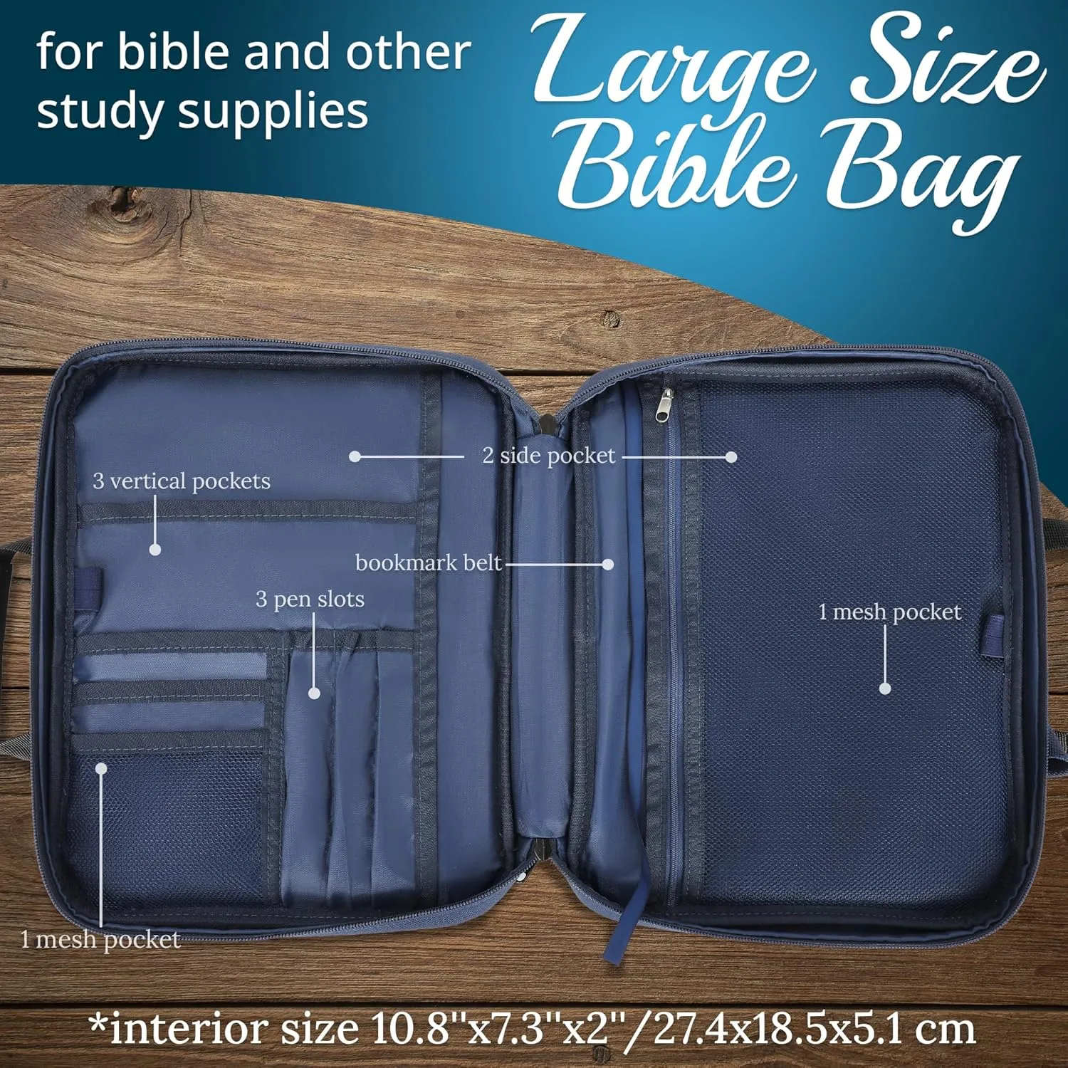 DEHITE Bible Cover for Men – Blue Bible Bag Case for Men and Women Large Size – Tote Bag – Fit Book 10.12 x 7 x 1.9 in – Pen Slots – Zippered Pocket – Shoulder Strap – Premium