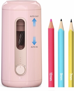 Deli Electric Pencil Sharpener - Fully Automatic, Auto in & Out, Rechargeable Hands-Free for 6.9-12mm - Home, Classroom, Battery Operated, Pink