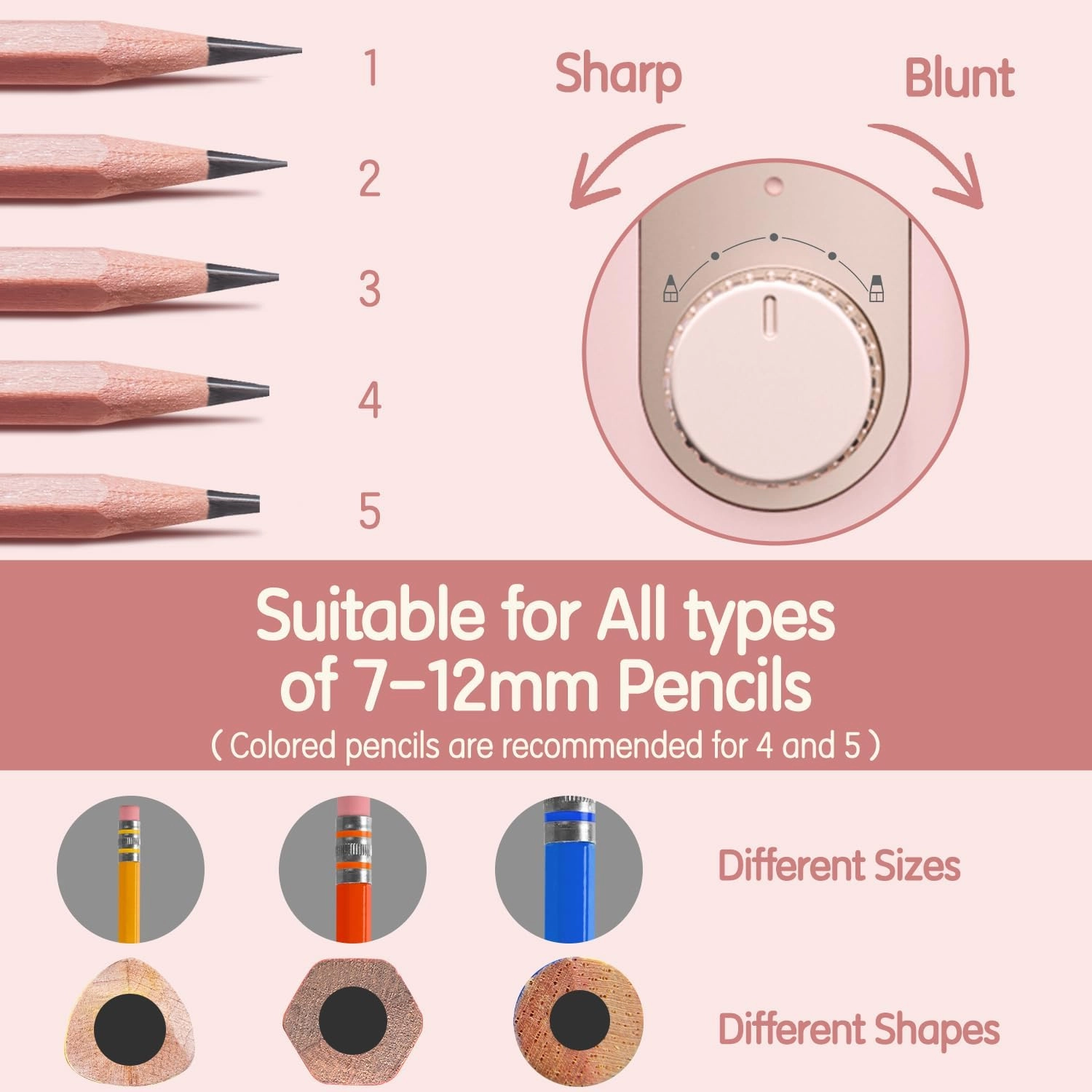 Deli Electric Pencil Sharpener - Fully Automatic, Auto in & Out, Rechargeable Hands-Free for 6.9-12mm - Home, Classroom, Battery Operated, Pink