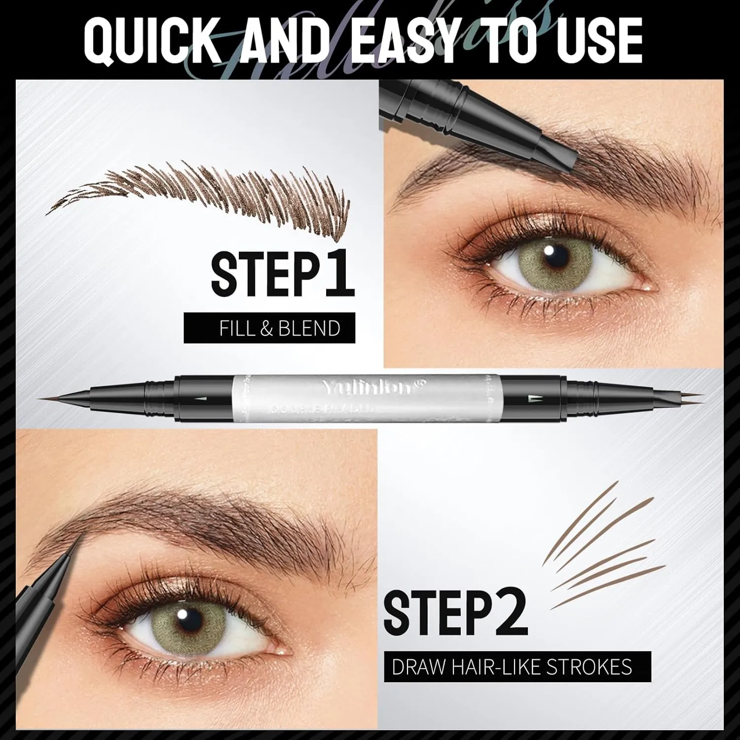 Double-Ended Eyebrow Pen, 0.01mm Micro-fork Tip,Waterproof Liquid Brow Ink, Micro-Fork and Fine Tips, 5 Shades (3#Dark Brown)