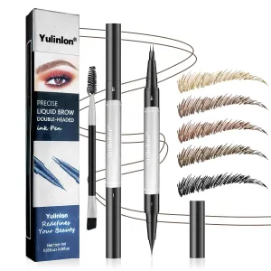 Double-Ended Eyebrow Pen, 0.01mm Micro-fork Tip,Waterproof Liquid Brow Ink, Micro-Fork and Fine Tips, 5 Shades (3#Dark Brown)