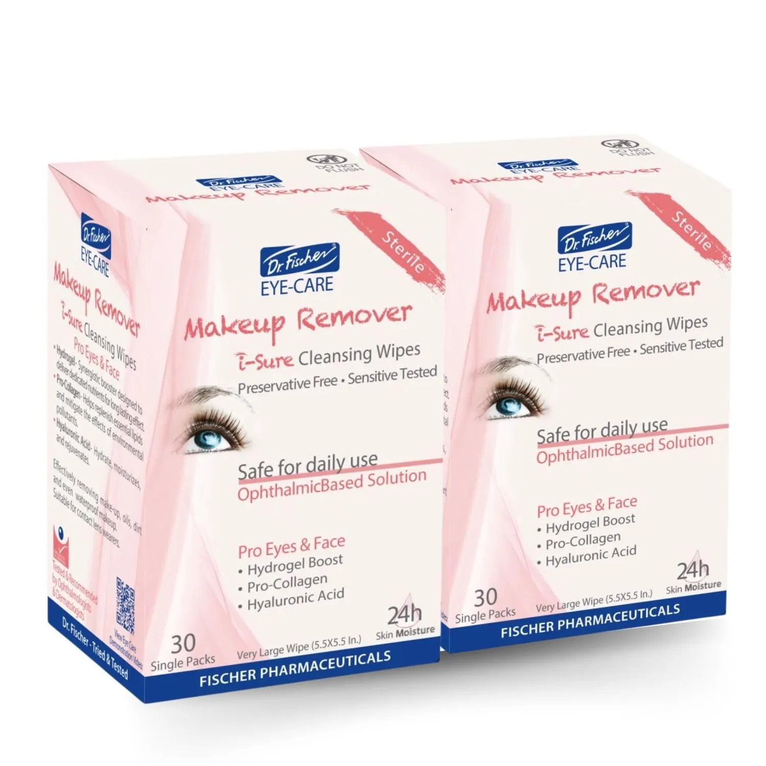 Dr. Fischer Gentle Eye Wipes for Waterproof Mascara - Effective, Non-Irritating, Oil-Free, Easy Removal, Ophthalmologist-Tested, 30 Pre-Moistened Eyelid Wipes