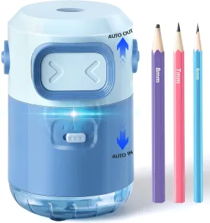 Electric Pencil Sharpener for Kids, Fully Automatic Pencil Sharpener for Colored Pencils 6-8mm,Rechargeable Sharpener Hands-Free, Auto In&Out Robot Pencil Sharpeners Classroom/Home/Office,Blue