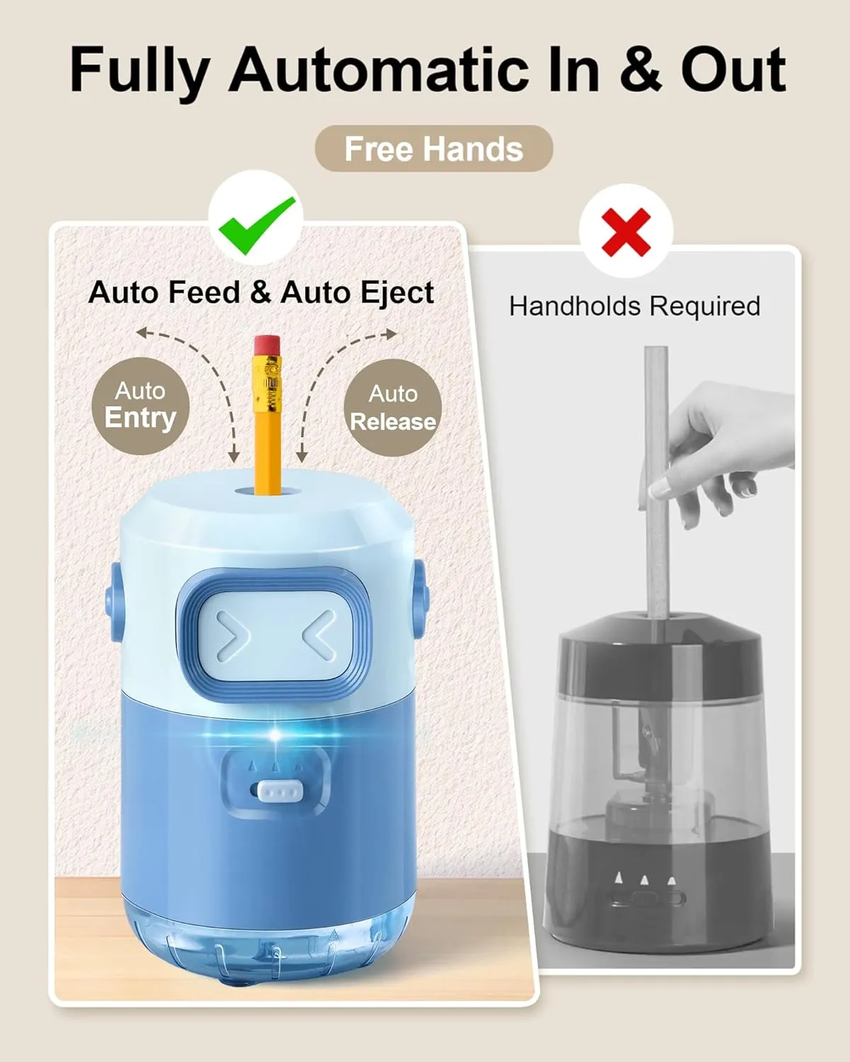 Electric Pencil Sharpener for Kids, Fully Automatic Pencil Sharpener for Colored Pencils 6-8mm,Rechargeable Sharpener Hands-Free, Auto In&Out Robot Pencil Sharpeners Classroom/Home/Office,Blue