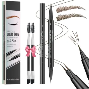 Eyebrow Pencil Brow Pen - 2-Pack 2-IN-1 Dual-Ended Eye Brow Pencils 2-Fork-Tip Microblading Eyebrow Pen for Women Waterproof Eyebrow Pen with Brow Brushes Dark Brown ＆ Black Brown