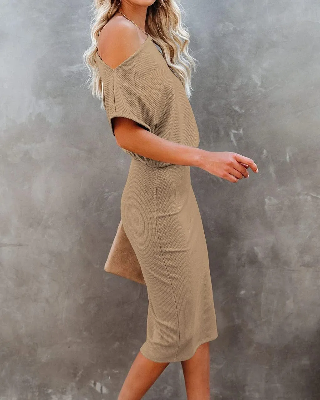 Ezbelle Women's 2025 Summer Dress Off The Shoulder Short Sleeve Ribbed Casual Party Bodycon Midi Dresses