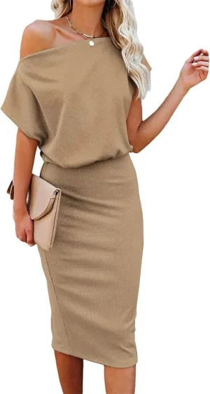 Ezbelle Women's 2025 Summer Dress Off The Shoulder Short Sleeve Ribbed Casual Party Bodycon Midi Dresses