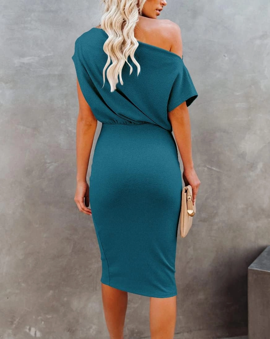 Ezbelle Women's 2025 Summer Dress Off The Shoulder Short Sleeve Ribbed Casual Party Bodycon Midi Dresses