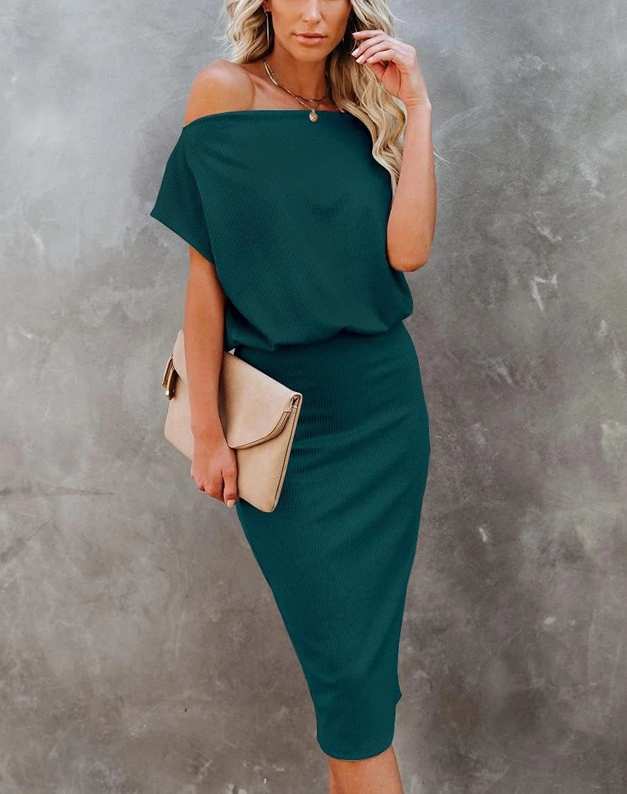 Ezbelle Women's 2025 Summer Dress Off The Shoulder Short Sleeve Ribbed Casual Party Bodycon Midi Dresses