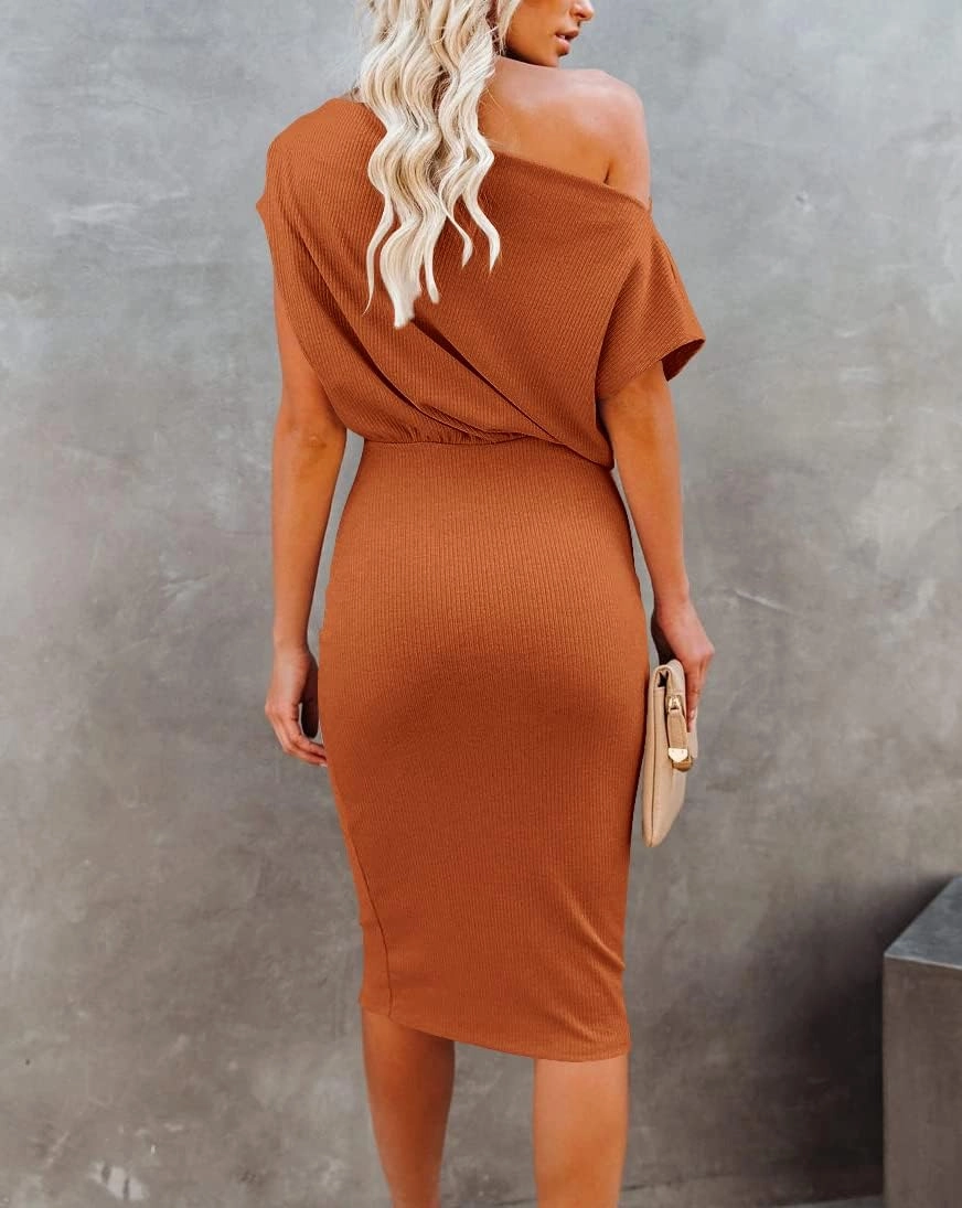 Ezbelle Women's 2025 Summer Dress Off The Shoulder Short Sleeve Ribbed Casual Party Bodycon Midi Dresses