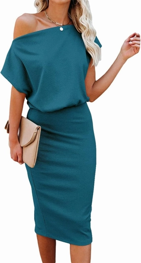 Ezbelle Women's 2025 Summer Dress Off The Shoulder Short Sleeve Ribbed Casual Party Bodycon Midi Dresses