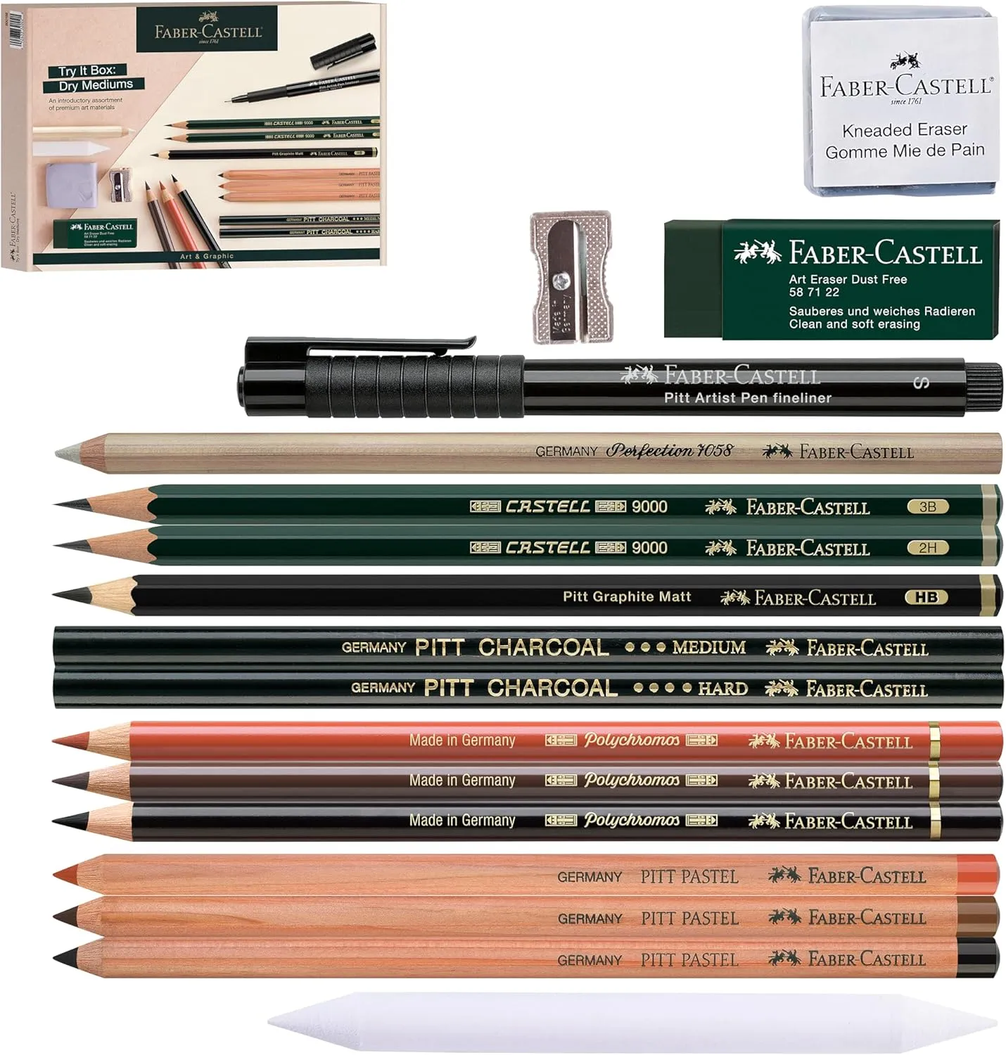 Faber-Castell Try It Box: Dry Mediums - 17 Piece Sketching Drawing Art Set with featuring Colored Pencils, Graphite Pencils, Charcoal Pencils, Pitt Artist Pen and Art Tools