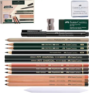 Faber-Castell Try It Box: Dry Mediums - 17 Piece Sketching Drawing Art Set with featuring Colored Pencils, Graphite Pencils, Charcoal Pencils, Pitt Artist Pen and Art Tools