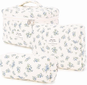Floral Makeup Bag Set Cute Makeup Bag Small Quilted Makeup Bag Set Aesthetic Floral Travel Cosmetic Bag For Women Travel Toiletry Bag (Blue Flower C)