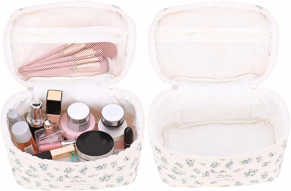 Floral Makeup Bag Set Cute Makeup Bag Small Quilted Makeup Bag Set Aesthetic Floral Travel Cosmetic Bag For Women Travel Toiletry Bag (Blue Flower C)